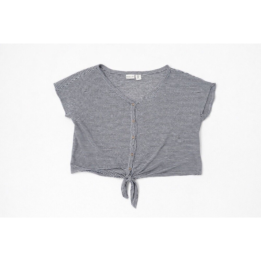 Rachel Zoe Linen Striped Stripe Tie Front Crop Shirt Top Medium Black White - Picture 2 of 7